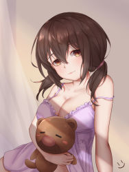Rule 34 | 1girl, bare arms, bare shoulders, black hair, breasts, brown eyes, character request, collarbone, commentary request, copyright request, hair ornament, highres, large breasts, long hair, looking at viewer, nightgown, hugging object, smile, smiley face, stuffed animal, stuffed toy, teddy bear, twintails, upper body, wei xiao