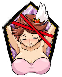 Rule 34 | 10s, 1girl, armpits, arms up, blush, bra, breasts, brown hair, cure southern cross, closed eyes, hair ornament, happinesscharge precure!, heart, heart hair ornament, kogane (staygold), large breasts, pink bra, precure, short hair, solo, unconscious, underwear, upper body