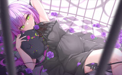 Rule 34 | 1girl, alternate costume, black dress, blush, checkered floor, closed mouth, demon tail, dress, flower, green eyes, hololive, long hair, looking at viewer, lying, on back, petals, purple flower, purple hair, purple rose, rose, sleeveless, sleeveless dress, smile, tail, thighs, tokoyami towa, virtual youtuber, z.m. (zimin)