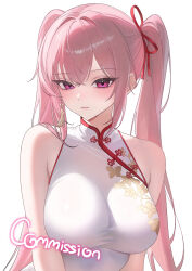 1girl :3 bare_shoulders breasts china_dress chinese_clothes cleavage closed_mouth commentary_request commission dress earrings floral_print hair_ribbon highres jewelry korean_commentary large_breasts long_hair looking_at_viewer mumu_muw original pink_eyes pink_hair print_dress ribbon see-through_cleavage see-through_clothes simple_background sleeveless sleeveless_dress smile solo tassel tassel_earrings taut_clothes taut_dress twintails upper_body white_background white_dress