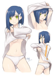 Rule 34 | 10s, 1girl, blue hair, blush, breasts, clothes lift, collarbone, commentary request, darling in the franxx, dated, facing viewer, from behind, from side, green eyes, hair ornament, hairclip, highres, ichigo (darling in the franxx), looking at viewer, medium breasts, midriff, multiple views, navel, nightgown, nightgown lift, open mouth, panties, shirt, shirt lift, short hair, signature, simelu, standing, stomach, underboob, underwear, white background, white panties