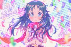 Rule 34 | 1girl, antenna hair, aqua eyes, armpits, bare shoulders, belt, blush, clenched hands, concert, confetti, dated, eyelashes, facing viewer, female focus, fingerless gloves, flat chest, floating hair, gloves, green hair, hair ornament, hairband, hands up, happy birthday, holding, idol, idolmaster, idolmaster cinderella girls, interlocked fingers, jacket, long hair, looking at viewer, microphone, midriff, namco, nanjo hikaru, navel, on stage, own hands together, parted bangs, parted lips, red scarf, scarf, sentai, shiny skin, sidelocks, sleeveless, sleeveless jacket, stage, stage lights, standing, sweat, sweatdrop, white jacket, wide-eyed, wind, wind lift