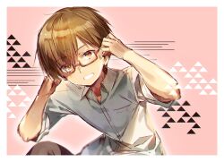 Rule 34 | 1boy, border, brown-framed eyewear, brown hair, casual, chi no, commentary request, dress shirt, eyes visible through hair, glasses, grin, hair between eyes, hands up, leaning forward, light blush, looking at viewer, pink background, semi-rimless eyewear, shirt, short hair, short sleeves, simple background, smile, solo, summer pockets, takahara hairi, upper body, white border, white shirt