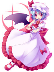 Rule 34 | 1girl, ascot, bad id, bad pixiv id, bat wings, blue hair, bow, female focus, hand on own face, hat, hat ribbon, mary janes, minato0618, red eyes, remilia scarlet, ribbon, shirt, shoes, short hair, single wing, skirt, skirt set, smirk, solo, touhou, wings, wrist cuffs, wrist ribbon