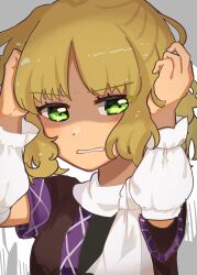 Rule 34 | 1girl, absurdres, arm warmers, black shirt, blonde hair, blush, brown shirt, clenched teeth, commentary request, green eyes, hands on own head, hangaku th, highres, looking at viewer, mizuhashi parsee, one-hour drawing challenge, scarf, shaded face, shirt, short hair, short sleeves, solo, teeth, touhou, undershirt, upper body, white scarf