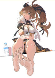 Rule 34 | 1girl, absurdres, ahoge, barefoot, black ribbon, black shorts, bottle, bow, breasts, brown hair, cleavage cutout, closed mouth, clothing cutout, commission, crop top, crown, feet, foot focus, foreshortening, full body, hair between eyes, hair bow, hair ribbon, hand up, highres, long hair, looking at viewer, medium breasts, midriff, mini crown, navel, one eye closed, pixiv commission, ponytail, re:act, ribbon, shadow, shishigami leona, shorts, shorts under skirt, sidelocks, sitting, skirt, smile, soles, solo, toenails, toes, towel, ushiki yoshitaka, virtual youtuber, water bottle, wiping sweat