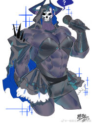 Rule 34 | 1boy, ?, abs, artist request, bara, black cloak, black leotard, bulge, cloak, clothing cutout, confused, covered erect nipples, cropped legs, crossdressing, dress, fate/grand order, fate (series), frilled dress, frills, glowing, glowing eyes, highres, holding, holding microphone, horns, idol, king hassan (fate), large pectorals, leotard, looking at viewer, male focus, mask, microphone, muscular, muscular male, pectorals, short hair, skirt, skull mask, solo, sparkle, spikes, spoken question mark, stomach, stomach cutout, thighs, veins, veiny arms