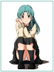 Rule 34 | 1girl, black footwear, black sailor collar, black skirt, black socks, blush, border, brown eyes, cardigan, closed mouth, commentary request, crotch seam, green border, green hair, highres, idolmaster, idolmaster million live!, interlocked fingers, lielos, light smile, loafers, long hair, long sleeves, looking at viewer, medium skirt, own hands together, panties, pantyshot, partial commentary, pleated skirt, sailor collar, school uniform, shoes, simple background, sitting, skirt, socks, solo, squatting, tokugawa matsuri, underwear, white background, white panties, yellow cardigan