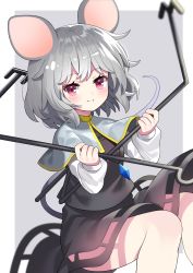Rule 34 | absurdres, animal ears, black skirt, black vest, blurry, blush, breasts, capelet, closed mouth, clothing cutout, commentary request, depth of field, dowsing rod, feet out of frame, floating, grey background, grey capelet, grey hair, highres, holding rod, looking at viewer, mouse ears, mouse tail, nazrin, red eyes, shadow, short hair, simple background, skirt, small breasts, smile, solo, tail, touhou, two-tone background, vest, white background, yuujin (yuzinn333)