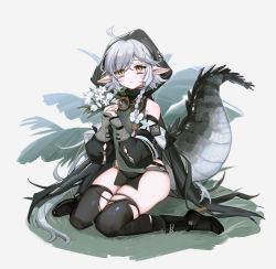Rule 34 | 1girl, absurdres, ahoge, arknights, black footwear, black sleeves, black thighhighs, boots, bouquet, braid, crocodilian tail, detached sleeves, flower, full body, gloves, goggles, goggles around neck, grass, green tunic, grey gloves, grey hair, highres, holding, holding bouquet, hood, hood up, leaf, long hair, looking at viewer, partially fingerless gloves, pelvic curtain, pointy ears, renxing xibao, side braid, single braid, sitting, solo, tail, thighhighs, thighs, tomimi (arknights), torn clothes, torn thighhighs, wariza, white background, white flower, yellow eyes