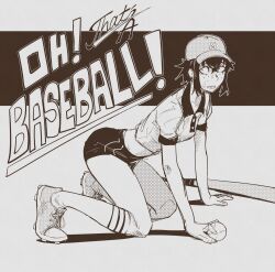 1girl all_fours arm_support baseball_(object) baseball_bat baseball_cap buruma commentary dithering embarrassed english_commentary english_text greyscale hat highres looking_at_viewer monochrome original shirt shoes short_hair sneakers solo sweat tomonaku