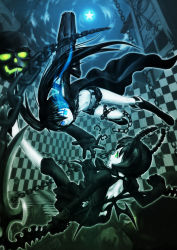 Rule 34 | 10s, 2girls, absurdres, arm cannon, belt, bikini, bikini top only, black hair, black rock shooter, black rock shooter (character), blue eyes, boots, chain, checkered floor, dead master, dress, floor, front-tie top, gloves, glowing, glowing eyes, green eyes, highres, hirohito, horns, jacket, kizawa hiroto, long hair, multiple girls, navel, outstretched hand, reaching, scar, scythe, short shorts, shorts, skull, smile, star (symbol), stitches, swimsuit, twintails, very long hair, weapon, wings