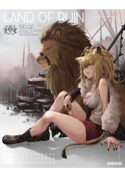 Rule 34 | 1girl, animal ears, arknights, artist name, barcode, bare legs, black footwear, black jacket, black nails, blonde hair, blush, boots, breasts, candy, character name, choker, cleavage, crest, english text, expulse, eyelashes, food, full body, fur-trimmed jacket, fur trim, grey sky, hair between eyes, hammer, highres, jacket, large breasts, lion, lion ears, lion tail, lips, lipstick, lollipop, long hair, makeup, nail polish, open clothes, open jacket, outdoors, parted lips, polearm, ponytail, red shorts, rubble, ruins, short shorts, shorts, siege (arknights), sitting, sky, sleeveless, solo, spikes, tail, tank top, thighs, weapon, white tank top, windmill, yellow eyes