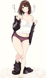 Rule 34 | 1girl, absurdres, barefoot, black jacket, black pants, breasts, brown hair, camisole, cleavage, collarbone, full body, grin, highres, jacket, kapatarou, long sleeves, medium hair, navel, original, pants, partially undressed, simple background, smile, solo, toes, track jacket, track pants, translation request, white background, white camisole, yellow eyes