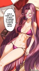 Rule 34 | 1girl, adjusting eyewear, alternate costume, bikini, breasts, cleavage, collarbone, commentary, english commentary, english text, fate/grand order, fate (series), grin, large breasts, long hair, looking at viewer, lying, medusa (fate), medusa (saber) (fate), navel, parasol, patreon username, purple eyes, purple hair, round eyewear, shinsaku (stan-art), smile, solo, speech bubble, stomach, sunglasses, sunlight, swimsuit, umbrella, very long hair