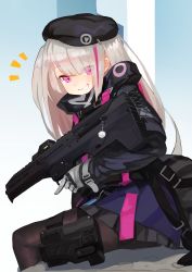 Rule 34 | 1girl, absurdres, aoiro (t aoiro123), assault rifle, automatic rifle, battle rifle, beret, black hat, black pantyhose, black skirt, bullpup, carbine, desert tech mdr, eyes visible through hair, girls&#039; frontline, gloves, grin, gun, hat, highres, holding, holding gun, holding weapon, long sleeves, looking at viewer, mdr (girls&#039; frontline), miniskirt, multicolored hair, pantyhose, pink eyes, pink hair, pleated skirt, rifle, silver hair, skirt, smile, solo, streaked hair, thigh strap, trigger discipline, two-tone hair, weapon, white gloves