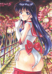 Rule 34 | 1girl, ass, bishoujo senshi sailor moon, black hair, bow, choker, clothes pull, earrings, elbow gloves, finger to mouth, gloves, highres, hino rei, jewelry, lantern, leotard, long hair, looking at viewer, looking back, pleated skirt, sailor mars, skirt, skirt pull, standing, tomoeri, traditional media, tree, undressing, unworn skirt
