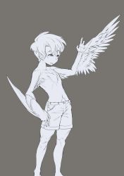 Rule 34 | 1boy, feathers, grey background, harpy boy, highres, male focus, monochrome, monster boy, mutouki, navel, original, topless male, short hair, shorts, solo, standing
