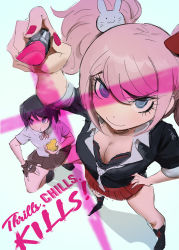 Rule 34 | alternate hair ornament, bad perspective, black shirt, boots, bow, bra, breasts, brown gloves, brown skirt, cleavage, collarbone, commentary, cosmetics, danganronpa: trigger happy havoc, danganronpa (series), eating, english text, enoshima junko, fingerless gloves, freckles, from above, gloves, hair ornament, hand on own hip, highres, holding, holding lipstick tube, ikusaba mukuro, knee boots, lipstick, lipstick tube, looking at viewer, makeup, nail polish, neck ribbon, pink hair, pink lips, pink nails, pleated skirt, qosic, rabbit hair ornament, red bow, red skirt, ribbon, shirt, short hair, siblings, sisters, sketch, skirt, smile, squatting, twins, twintails, underwear, x