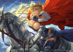 Rule 34 | 1girl, armor, artoria pendragon (all), artoria pendragon (fate), artoria pendragon (lancer) (fate), barding, blonde hair, blue eyes, blue thighhighs, braid, breasts, cape, cleavage, crown, cuboon, dun stallion (fate), fate (series), french braid, gauntlets, horse, large breasts, long hair, looking at viewer, saber (fate), solo, thighhighs, thighs, twitter username