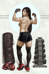 Rule 34 | 1girl, astor alexander, black hair, black thighhighs, breasts, brown hair, dolphin shorts, dumbbell, earrings, final fantasy, final fantasy vii, final fantasy vii remake, fingerless gloves, flexing, from behind, full body, highres, jewelry, long hair, looking back, medium breasts, mma gloves, muscular, muscular female, punching bag, realistic, shoes, shorts, sideboob, sneakers, solo, square enix, thighhighs, tifa lockhart, topless, very long hair