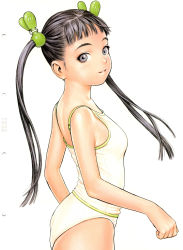 Rule 34 | 1girl, absurdres, ass, black hair, breasts, camisole, form code, grey eyes, hair ornament, hairclip, highres, lingerie, long hair, looking at viewer, murata range, panties, scan, shirt, small breasts, smile, solo, standing, twintails, underwear, white background, white camisole, white panties, white shirt