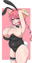 Rule 34 | 1girl, animal ears, areola slip, bare shoulders, breasts, cameltoe, cleavage, highres, huge breasts, ilulu (maidragon), kobayashi-san chi no maidragon, leotard, long hair, looking at viewer, monster girl, open mouth, pink eyes, pink hair, playboy bunny, plump, rabbit ears, rabbit tail, shortstack, smile, solo, standing, tail, thick thighs, thighs, winzaku