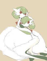 Rule 34 | 2girls, bare shoulders, bob cut, closed mouth, colored skin, creatures (company), dress, elbow gloves, expressionless, female focus, flat chest, full body, game freak, gardevoir, gen 3 pokemon, gloves, green hair, green skin, hair between eyes, hand on another&#039;s head, highres, hug, long dress, looking back, looking to the side, mega gardevoir, mega pokemon, multicolored skin, multiple girls, nintendo, no mouth, pokemon, pokemon (creature), red eyes, short hair, simple background, sitting, sketch, strapless, strapless dress, takashi (pixiv 80298118), two-tone skin, white dress, white gloves, white skin, yellow background