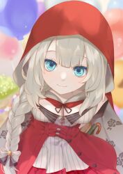 Rule 34 | 1girl, akihiro (acrobat!c), arms behind back, balloon, basket, blue eyes, bow, cloak, commentary request, double-parted bangs, dress, fate/grand order, fate (series), grey bow, grey hair, hair bow, highres, holding, hood, hooded cloak, long braid, long hair, looking at viewer, marie antoinette (fate), marie antoinette (festival outfit) (fate), red dress, red hood, sidelocks, solo