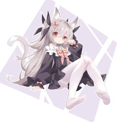 Rule 34 | 1girl, animal ear fluff, animal ears, black dress, cat ears, cat girl, cat tail, commentary, dress, feet, full body, hair between eyes, hand up, highres, legs, long hair, long sleeves, looking at viewer, no shoes, original, pantyhose, puffy long sleeves, puffy sleeves, red eyes, rx7649, silver hair, sitting, soles, solo, symbol-only commentary, tail, tail raised, very long hair, white pantyhose