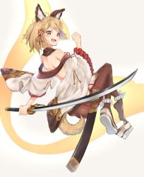 Rule 34 | 1girl, animal ears, artist request, ass, blonde hair, braid, dog ears, dog girl, dog tail, erune, fang, full body, granblue fantasy, highres, katana, open mouth, pantyhose, platform clogs, rope, sheath, shimenawa, short hair, sideless outfit, solo, sword, tail, vajra (granblue fantasy), weapon