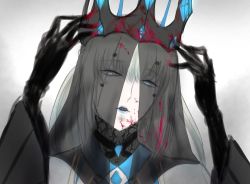 Rule 34 | 1girl, blood, blue eyes, blue lips, crown, fate/grand order, fate (series), highres, morgan le fay (fate), morgan le fay (queen of winter) (fate), portrait, simple background, solo, user gdkm3737, veil, white background, white hair