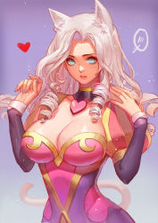 Rule 34 | 1girl, animal ears, ashe (league of legends), blue eyes, blush, breasts, cat ears, cat tail, cleavage, collarbone, cowboy shot, curly hair, dress, drill hair, drill sidelocks, heart, heartseeker ashe, large breasts, league of legends, long hair, looking at viewer, nail polish, pink dress, purple background, sidelocks, simple background, solo, songjikyo, tail, upper body, white hair