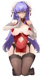 Rule 34 | 1girl, bare shoulders, black thighhighs, breasts, breasts out, chinese clothes, double bun, elbow gloves, garter belt, garter straps, gloves, green hair, hair bun, highres, kataku musou, kneeling, long hair, looking at viewer, navel, original, pasties, purple eyes, solo, thighhighs, white background