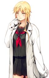 Rule 34 | 1girl, arm at side, black serafuku, black shirt, black skirt, blonde hair, blouse, breasts, closed mouth, cowboy shot, genderswap, genderswap (mtf), izumi kouhei, lab coat, long hair, long sleeves, looking at viewer, miniskirt, neckerchief, oversized clothes, pepper fever, pleated skirt, red neckerchief, school uniform, serafuku, shirt, simple background, skirt, skirt set, sleeves past fingers, sleeves past wrists, smile, solo, standing, white background, world trigger, yellow eyes