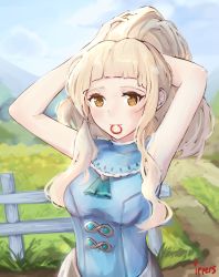 Rule 34 | 1girl, arms up, artist name, blonde hair, blue dress, blue sky, brown eyes, clair (fire emblem), cloud, day, dress, fence, fire emblem, fire emblem echoes: shadows of valentia, highres, ippers, long hair, nintendo, ponytail, sky, solo