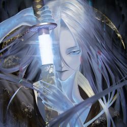 Rule 34 | 1other, ambiguous gender, black lips, blue eyes, closed mouth, collarbone, colored skin, crescent, crescent moon, floral print, ghost, glitch, glowing, glowing sword, glowing weapon, grey hair, grey skin, hair between eyes, half-closed eyes, highres, holding, holding sheath, holding sword, holding weapon, katana, lens flare, long hair, looking at viewer, moon, multicolored hair, neck tattoo, original, purple hair, scabbard, sheath, smile, sword, tattoo, tmt, transparent, unsheathing, upper body, weapon