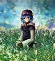 Rule 34 | .hack//, .hack//games, 1boy, bad id, bad pixiv id, bandai, blue hair, cyber connect 2, elk (.hack//), facial mark, field, fingerless gloves, for all z, gloves, grass, hat, male focus, outdoors, red eyes, sitting, sky, smile, solo, turtleneck