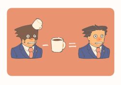 Rule 34 | 1boy, ace attorney, blue jacket, brown hair, clenched teeth, coffee mug, collared shirt, cropped torso, cup, equation, hiluta, jacket, lapel pin, lapels, male focus, mug, multiple views, necktie, no nose, phoenix wright, pink necktie, portrait, red background, shirt, spiked hair, teeth, white background, white shirt, wide-eyed