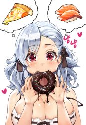 Rule 34 | 1girl, asymmetrical bangs, bad id, bad pixiv id, bare arms, bare shoulders, blush, breasts, chocolate doughnut, cleavage, commentary request, doughnut, dress, eating, food, girls&#039; frontline, head tilt, holding, holding food, large breasts, long hair, pizza, pizza slice, red eyes, ribbon-trimmed dress, ribbon trim, silver hair, simple background, solo, spas-12 (girls&#039; frontline), strap slip, suou-sensei, sushi, translation request, white background, white dress