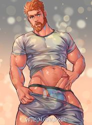 Rule 34 | 1boy, arm hair, bara, beard, blue male underwear, bulge, chest hair, clothes lift, clothes pull, covered erect nipples, erection, erection under clothes, facial hair, feet out of frame, grey shorts, hairy, highres, jasdavi, jockstrap, leg hair, lifting own clothes, looking at viewer, male focus, male underwear, mature male, midriff peek, muscular, muscular male, mustache, navel, navel hair, old, old man, orange hair, original, pectorals, penis, pulling own clothes, scar, scar across eye, scar on face, shirt lift, short hair, short shorts, shorts, shorts pull, solo, stomach, thighs, uncensored, underwear, undressing