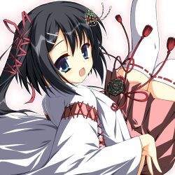 Rule 34 | 1girl, :d, asagi nanami, black hair, blue eyes, brown flower, commentary request, dracu-riot!, eyelashes, flower, from behind, hair between eyes, hair flower, hair ornament, hair ribbon, hairclip, hakama, hakama short skirt, hakama skirt, highres, japanese clothes, kimono, light blush, long sleeves, looking at viewer, looking back, medium hair, mera azusa, miko, one side up, open mouth, pink background, red hakama, red ribbon, red tassel, ribbon, ribbon-trimmed sleeves, ribbon trim, simple background, sitting, skirt, smile, solo, thighhighs, white kimono, white thighhighs, wide sleeves, zettai ryouiki
