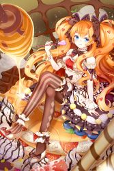 Rule 34 | 1girl, ankle cuffs, asymmetrical legwear, bad id, bad pixiv id, big hair, blue eyes, blueberry, bow, bowtie, brown bow, brown thighhighs, candy, chocolate, choker, corset, crossed legs, detached sleeves, food, footwear bow, frilled choker, frills, fruit, full body, gotmil, hair bow, hair ornament, heart, heart hair ornament, high heels, honey, honey dipper, in food, jelly bean, lace trim, layered skirt, licking lips, light brown hair, lollipop, long hair, looking at viewer, marshmallow, mini person, minigirl, mismatched legwear, orange hair, original, pancake, shoes, sitting, skirt, sleeveless, smile, solo, sprinkles, strawberry, striped clothes, striped thighhighs, sweets, sword girls, thighhighs, tongue, tongue out, twintails, vertical-striped clothes, vertical-striped thighhighs, very long hair, wafer stick, waffle, whipped cream, white footwear