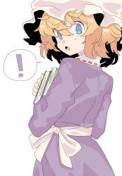 Rule 34 | 1girl, :o, banana takemura, blonde hair, blue eyes, book, bow, cowboy shot, dress, dress bow, hat, highres, holding, holding book, looking at viewer, looking back, maribel hearn, mob cap, purple dress, ribbon, solo, speech bubble, surprised, touhou, white bow, white hat