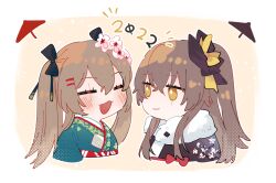 Rule 34 | 2022, 2girls, black kimono, blush, bow, brown eyes, brown hair, chibi, commentary request, flower, girls&#039; frontline, green kimono, hair between eyes, hair bow, hair flower, hair ornament, japanese clothes, kimono, long hair, looking at another, morisenn, multiple girls, official alternate costume, one side up, open mouth, scar, scar across eye, sidelocks, smile, twintails, ump45 (girls&#039; frontline), ump45 (lonely traveler of eternity) (girls&#039; frontline), ump9 (girls&#039; frontline), ump9 (wayfarer of the profound) (girls&#039; frontline), upper body