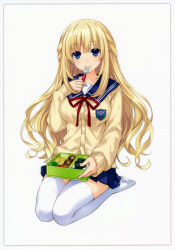 Rule 34 | 10s, 1girl, absurdres, bento, blazer, blonde hair, blue eyes, blue skirt, blush, breasts, buttons, cardigan, closed mouth, eating, emblem, facing viewer, fork, framed, full body, half updo, highres, holding, holding fork, jacket, large breasts, light smile, long hair, long sleeves, looking at viewer, miniskirt, neck ribbon, neptune (series), official art, pleated skirt, red ribbon, ribbon, scan, school uniform, seiza, serafuku, sidelocks, simple background, sitting, skirt, sleeves past wrists, smile, solo, thighhighs, tsunako, vert (neptunia), very long hair, wavy hair, white background, white thighhighs, zettai ryouiki