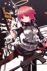 Rule 34 | 1girl, arknights, belt, belt pouch, black gloves, black jacket, black pantyhose, black skirt, chinese commentary, closed mouth, commentary request, cuicuijiao, energy wings, exusiai (arknights), eyes visible through hair, fingerless gloves, gloves, gun, hair over one eye, halo, hand up, highres, holding, holding gun, holding weapon, id card, jacket, kriss vector, looking at viewer, multicolored clothes, multicolored jacket, pantyhose, pouch, red eyes, red hair, short hair, short sleeves, skirt, smile, solo, sparks, standing, standing on one leg, submachine gun, two-tone jacket, weapon, weapon request, white jacket