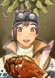 Rule 34 | 1girl, blush, boned meat, close-up, deviljho, feathers, food, goggles, goggles on head, handler (monster hunter world), heart, heart-shaped pupils, highres, lips, meat, monster hunter, monster hunter: world, monster hunter (series), polarityplus, popped collar, saliva, short hair, solo focus, sweater, symbol-shaped pupils, teeth, turtleneck, turtleneck sweater, upper teeth only, when you see it