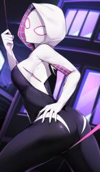 Rule 34 | 1girl, animification, ass, bodysuit, breasts, building, ddangbi, from side, gwen stacy, highres, hood, hooded bodysuit, looking at viewer, looking to the side, marvel, mask, medium breasts, night, open mouth, silk, skin tight, solo, spider-gwen, spider-man: across the spider-verse, spider-man: into the spider-verse, spider-man (series), spider-verse, spider web, thighs