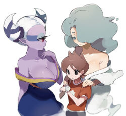 Rule 34 | 1boy, 2girls, amano keita, aqua eyes, aqua hair, bare shoulders, black eyes, breasts, brown hair, cleavage, colored skin, cyclops, en&#039;enra, enraenra (youkai watch), fuumin (youkai watch), hair horns, hair over one eye, hands on another&#039;s shoulders, japanese clothes, kimono, kmnk (kumanuko), large breasts, long hair, monster girl, multiple girls, off shoulder, one-eyed, pointy ears, purple skin, red shirt, shirt, simple background, traditional youkai, watch, white background, white hair, wristwatch, youkai (youkai watch), youkai watch, youkai watch (object)